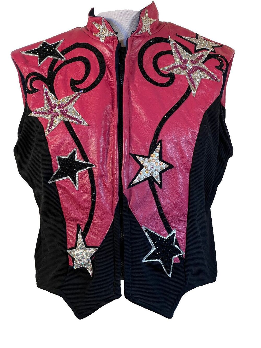 Vintage Western Horse Show Vest Pink Black Leather Rhinestone Rodeo Queen M/L